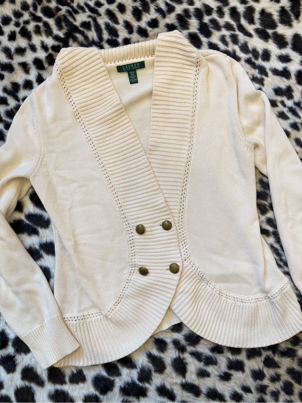 LAUREN RALPH LAUREN CREAM KNIT SWEATER MILITARY BUTTONS CLASSIC MEDIUM COTTON